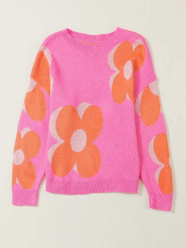 Pink Floral Knit Sweater Ribbed Striped Patterned