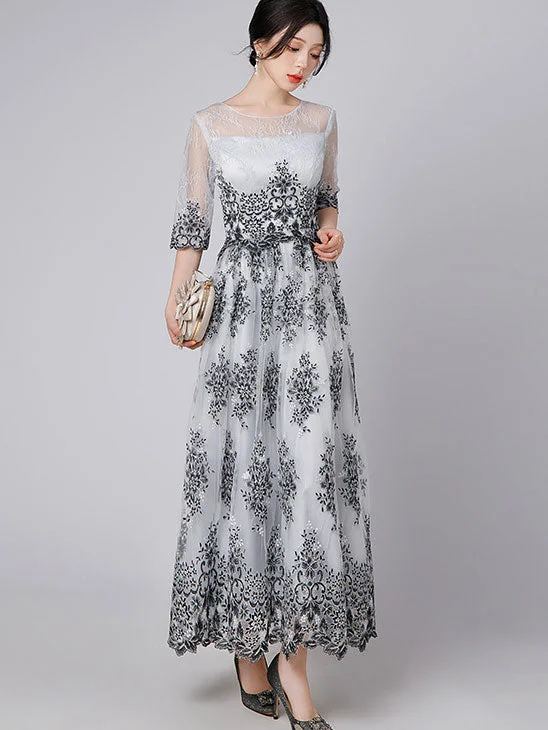 Gray Floral Lace Illusion A-Line Maxi Prom Dress
