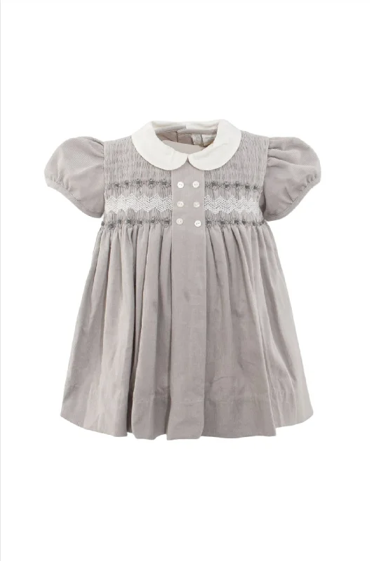 Smocked Corduroy Gray Baby Girl Dress with Panty