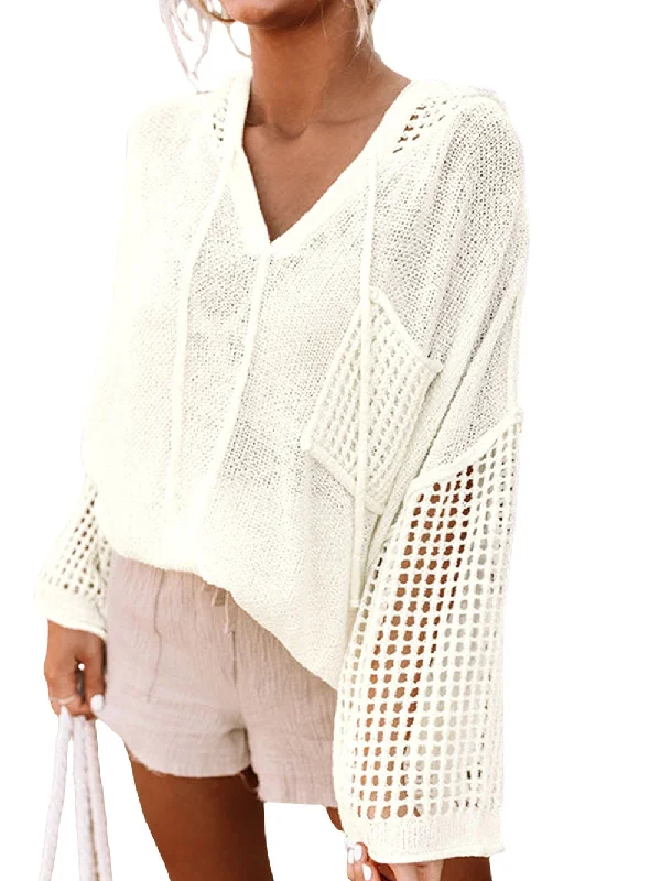Open Knit Hooded Sweater Collared Crew Neck Turtle Neck