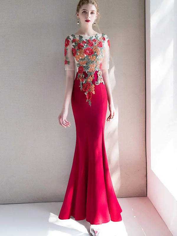 Wine Red Mermaid Fishtail Prom Dress with Applique Embroidery