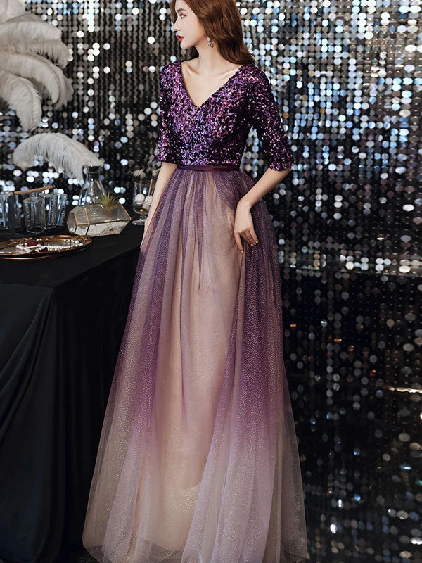 Purple Sequined Tulle V-neck Full Length Prom Dress