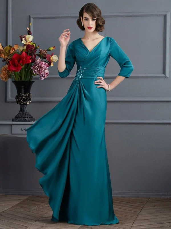 A-Line/Princess V-neck 3/4 Sleeves Beading Long Chiffon Mother of the Bride Dresses TPP0007241
