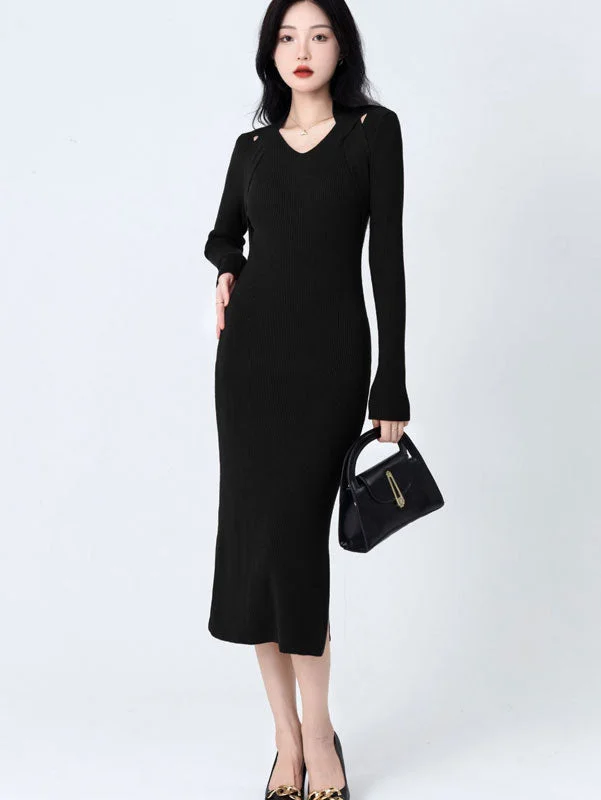 Green Red Winter Slit Knit Sweater Midi Dress Fitted Slim Tailored