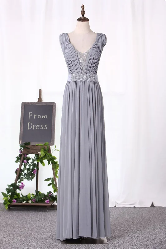 Tulle V Neck With Ruffles And Sash Evening Dresses A Line Floor Length