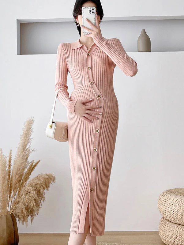Pink Black Baby Shower Pregnant Buttons Knit Sweater Dress Machine Wash Dry Clean Hand Wash
