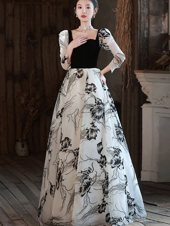 Color-block Floral Print A-Line Maxi Prom Dress