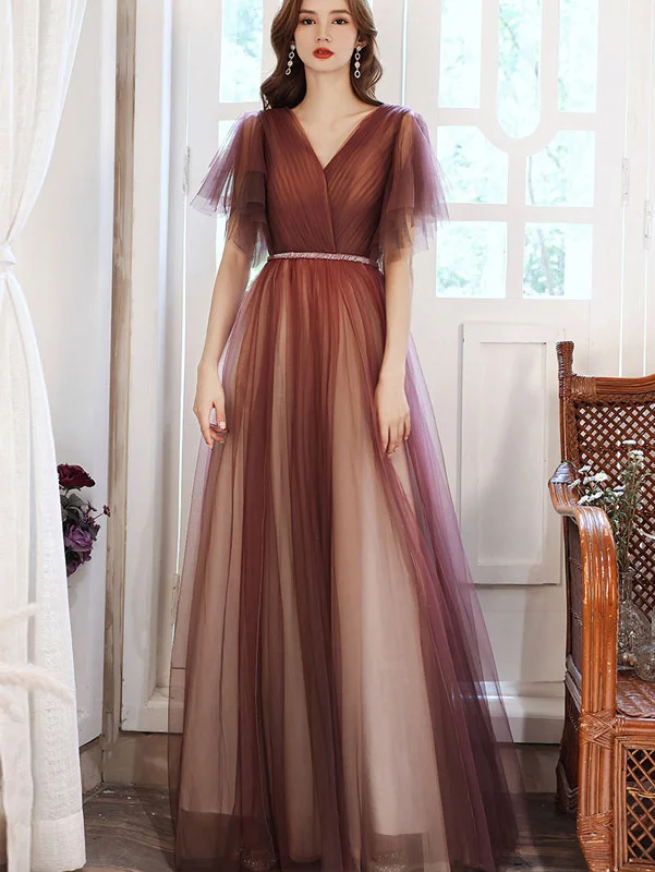 Burgundy Flutter Sleeve Fit & Flare Tulle Prom Dress