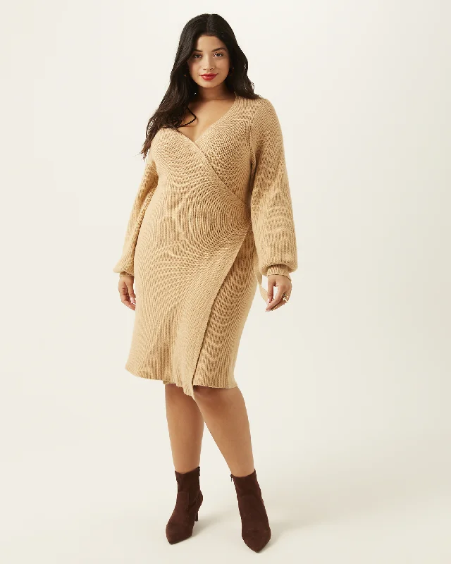 Edith Faux-Wrap Sweater Dress | Tan Lightweight Heavyweight Midweight