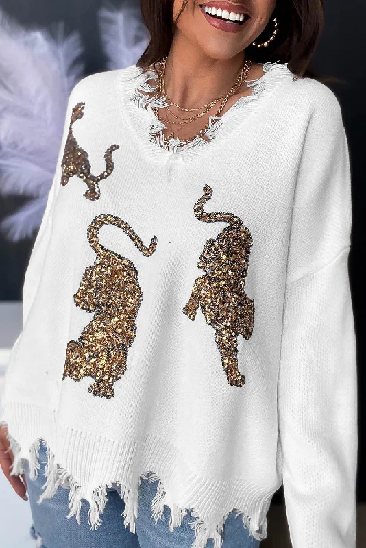 Gold and White Sequin Knit Sweater Slim Fit Regular Fit Oversized