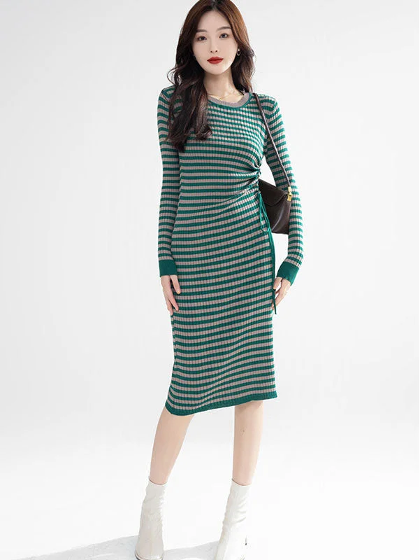 Green Strip Side Tie Knit Sweater Midi Dress Oversized Loose Flowy