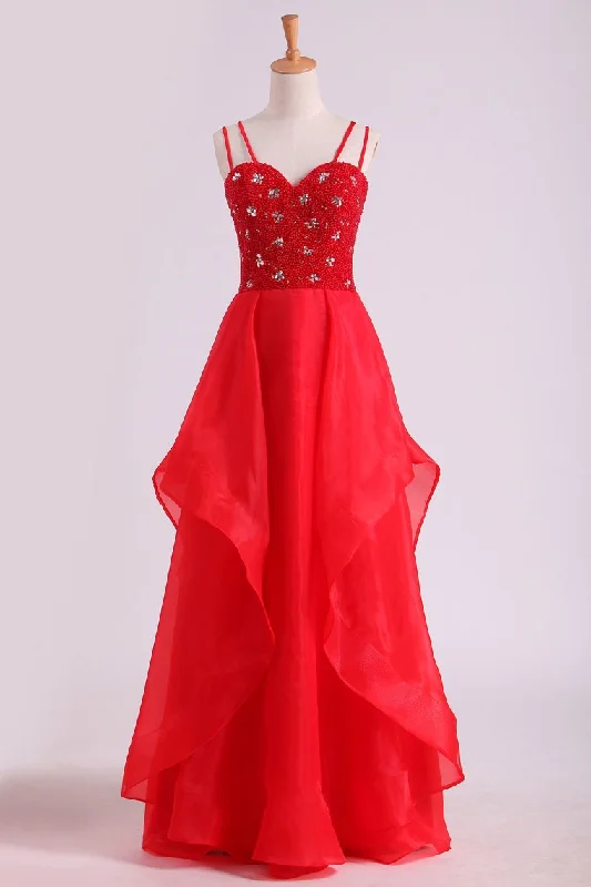 Spaghetti Straps Prom Dresses A Line Beaded Bodice Floor Length Organza
