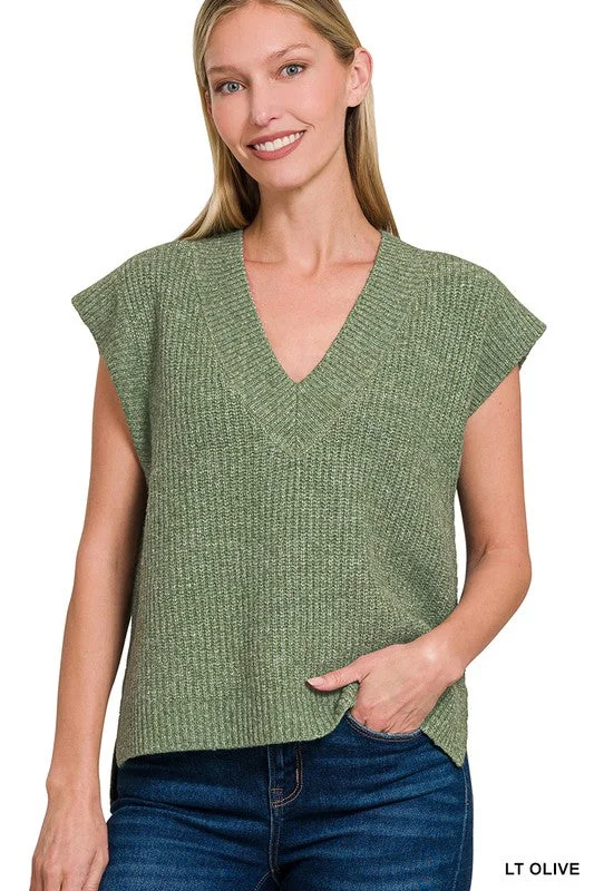 I Will Be There Light Olive Side Slit Sweater Vest Silk Blend Satin Velvet