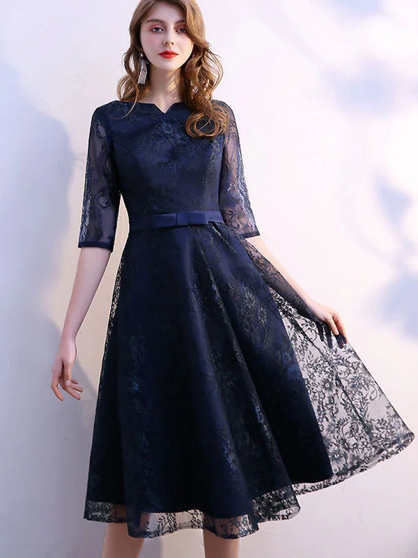 Blue Lace Overlay A-Line Mid Tea Dress