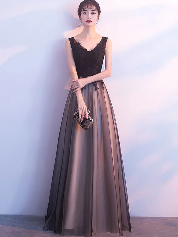 Black A-Line Floor Length Tulle Evening Prom Dress