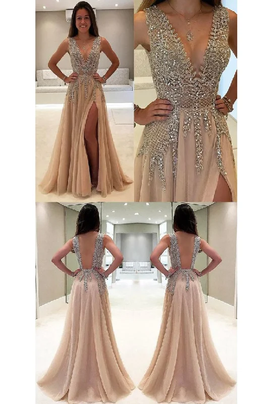 Tulle Prom Dresses A Line V Neck With Beads And Slit Open Back
