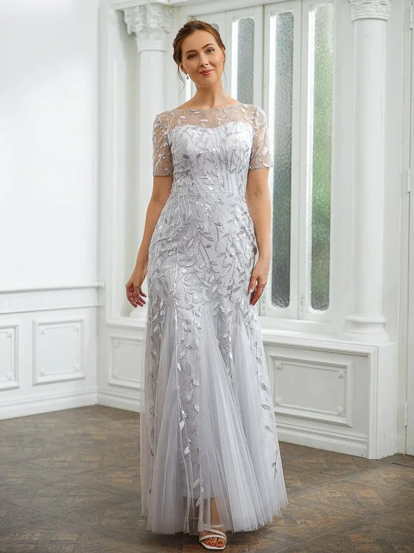 Khloe A-Line/Princess Tulle Ruched Bateau Short Sleeves Ankle-Length Mother of the Bride Dresses STKP0020261