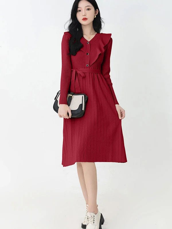 Red Black Winter Knit Sweater Belt Midi A-line Dress Stylish Fashionable Trendy