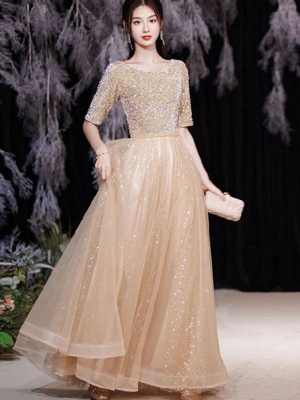 Shimmery Sequined Fit & Flare Full Length Tulle Prom Dress