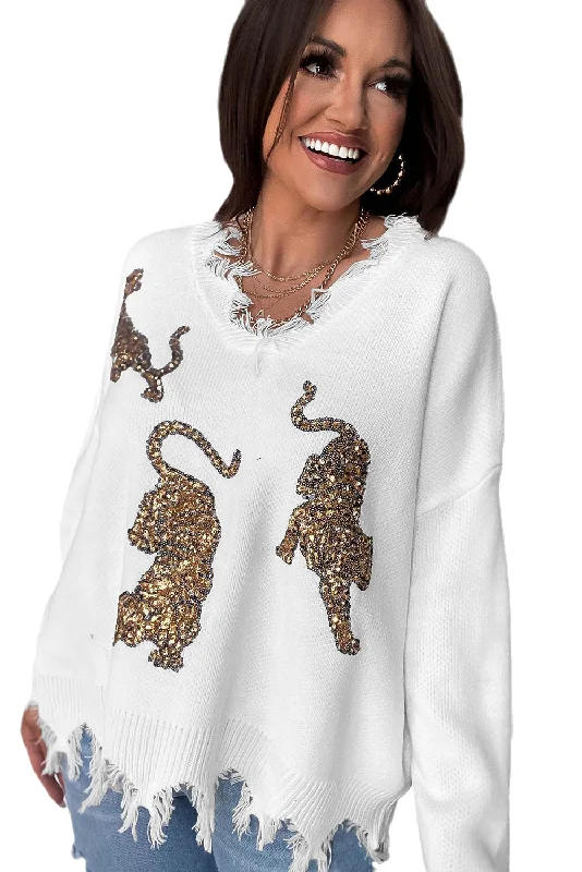 Relaxed Fit Sequin Tiger Sweater Solid Color Striped Floral Print