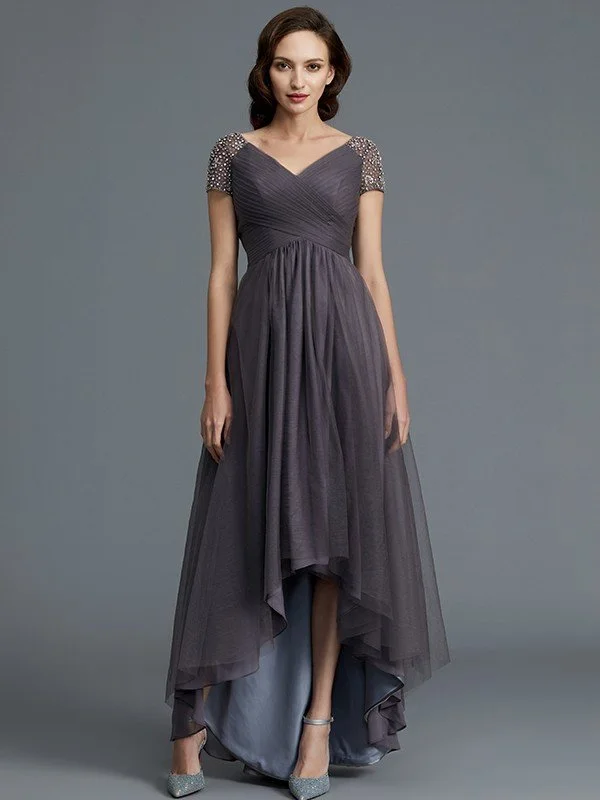 A-Line/Princess V-neck Short Sleeves Asymmetrical Tulle Mother of the Bride Dresses TPP0007098