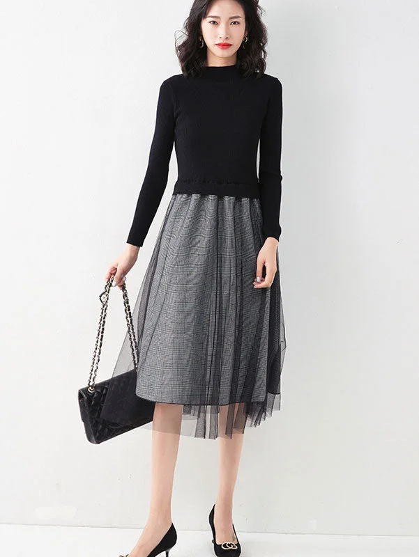 One Piece Black Plaid Knit Sweater Midi A-Line Dress Casual Formal Business