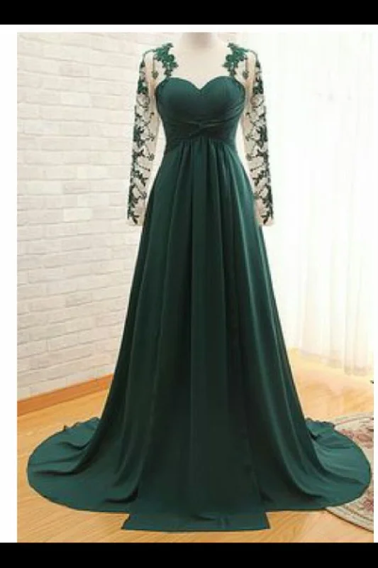 Sweetheart Long Sleeves Prom Dresses With Applique & Ruffles Chiffon