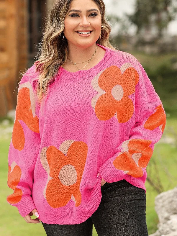 Bonbon Plus Size Flower Pattern Drop Shoulder Sweater Machine Wash Dry Clean Hand Wash