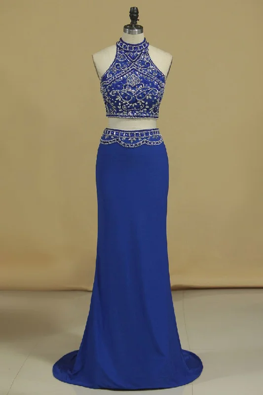 Two Pieces High Neck Beaded Bodice Spandex Prom Dresses Dark Royal Blue