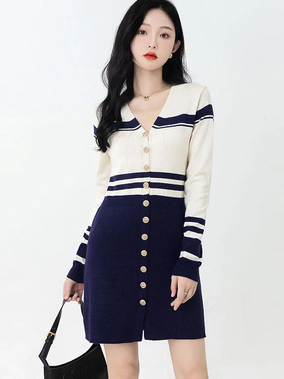 Color Block Winter Knit Sweater Mini Dress Iron Safe Non-Iron Wrinkle Free