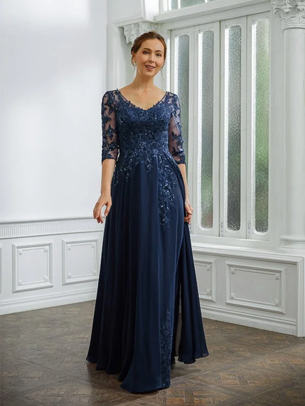 Roberta A-Line/Princess Chiffon Applique V-neck 3/4 Sleeves Floor-Length Mother of the Bride Dresses STKP0020267