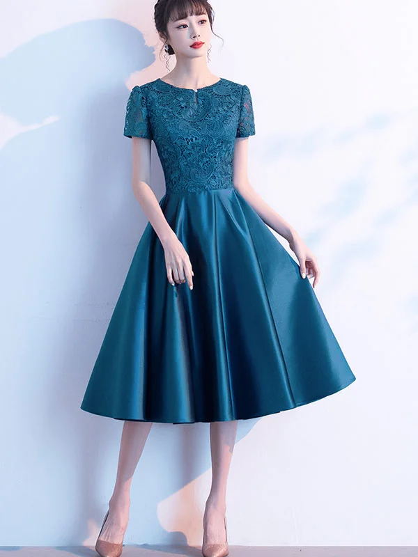 Blue Red Lace Bodice Fit & Flare Mid Dress