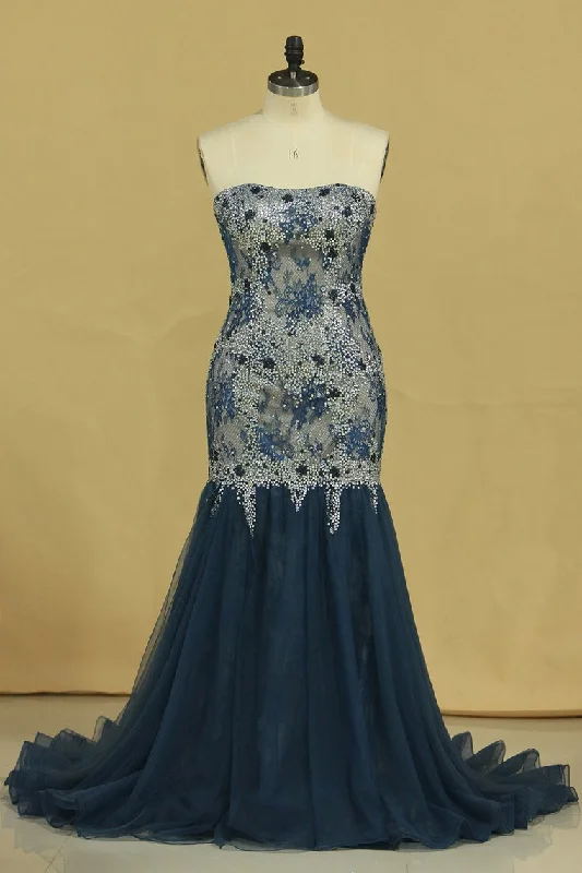 Strapless Mermaid Prom Dresses Tulle & Lace With Rhinestones And Beads Plus Size