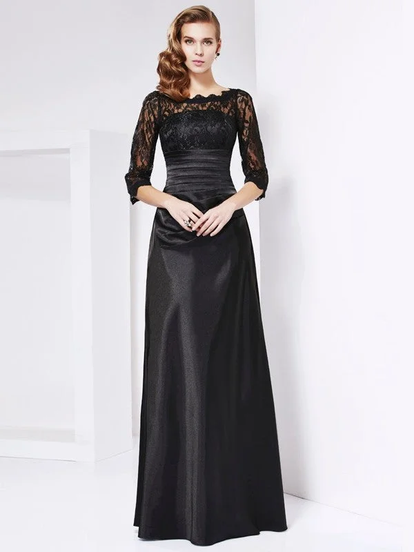 Sheath/Column Off the Shoulder 3/4 Sleeves Lace Long Elastic Woven Satin Mother of the Bride Dresses TPP0007145