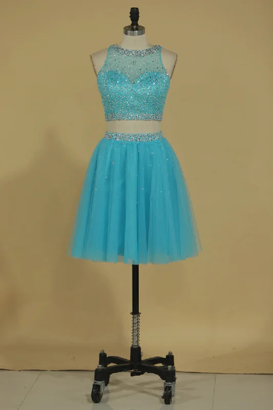 Two Pieces A Line Short/Mini Homecoming Dresses Scoop Tulle With Beading