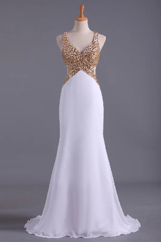 Straps Prom Dresses Open Back Sheath/Column With Golden Beading Chiffon
