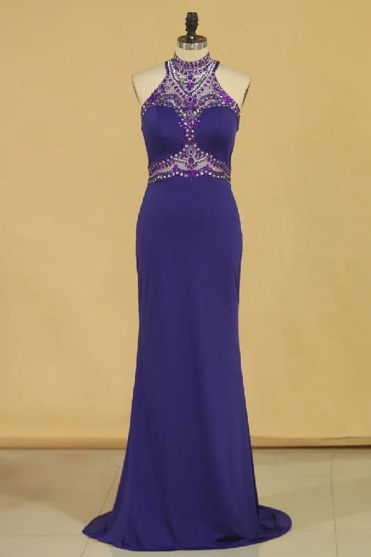 Spandex High Neck Sweep Train Prom Dresses With Beading And Rhinestones