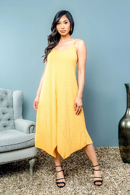Adjustable Spaghetti Strap Ribbed Dress With Handkerchief Hem* (KD5957EY)