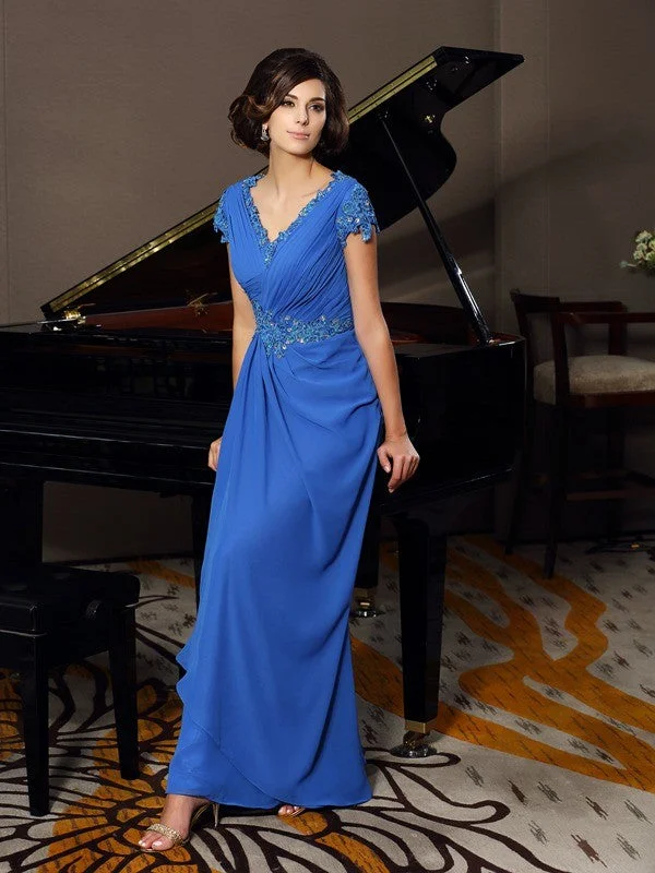 A-Line/Princess V-neck Beading Applique Short Sleeves Long Chiffon Mother of the Bride Dresses TPP0007196