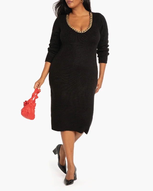 Brandy Scoopneck Sweater Dress with Chain Detail | Black Polka Dot Checkered Tartan