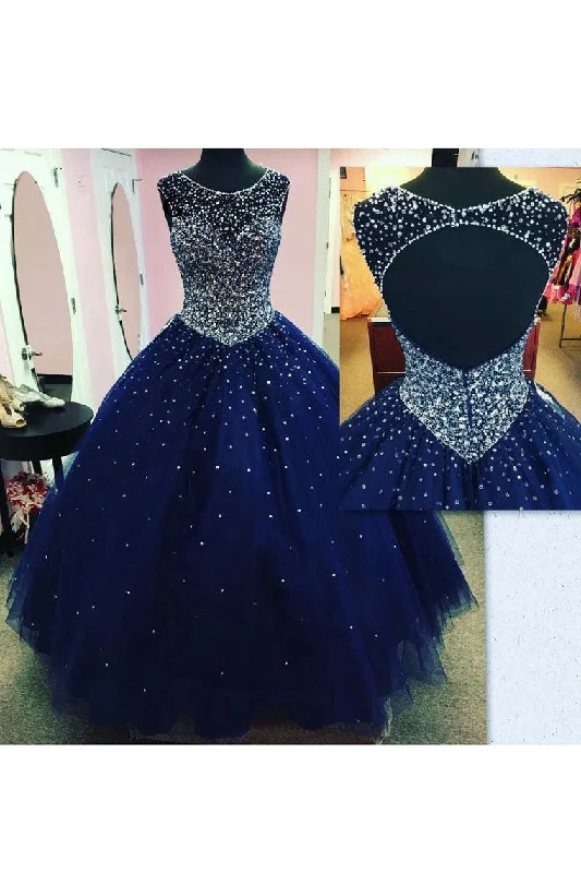 Tulle Prom Dresses A Line Scoop With Beading Floor Length Open Back