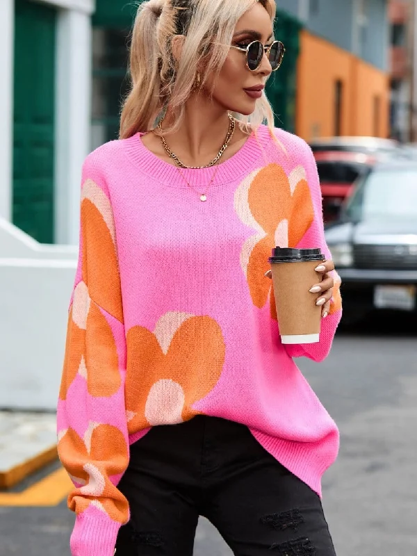 Groovy Knit Sweater with Floral Design Mesh Fabric Canvas Fabric Denim Fabric