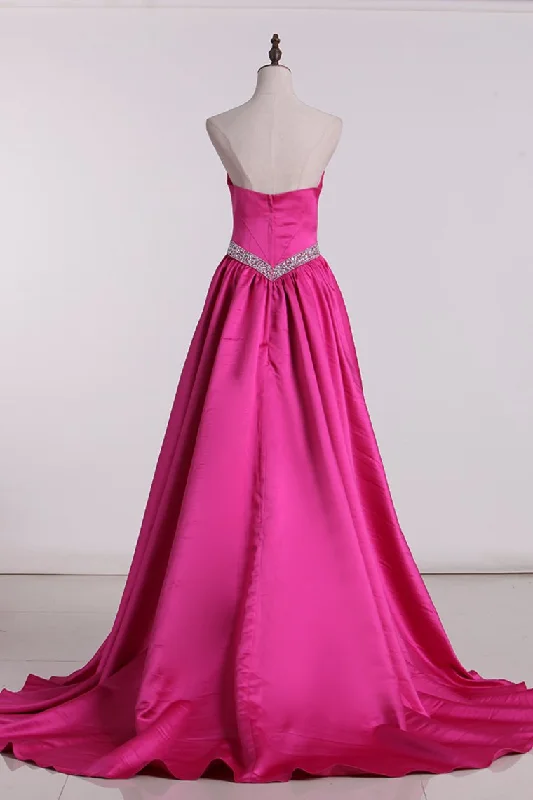 Sweetheart Prom Dresses Satin With Ruffles Beads Sweep Train
