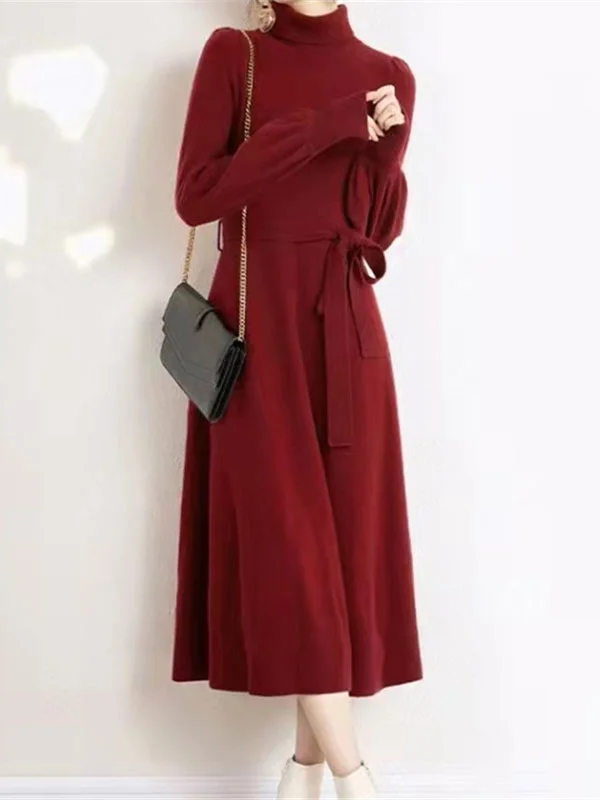 Black Red Winter Knit Sweater Belt A-line Maxi Dress Solid Print Embellished