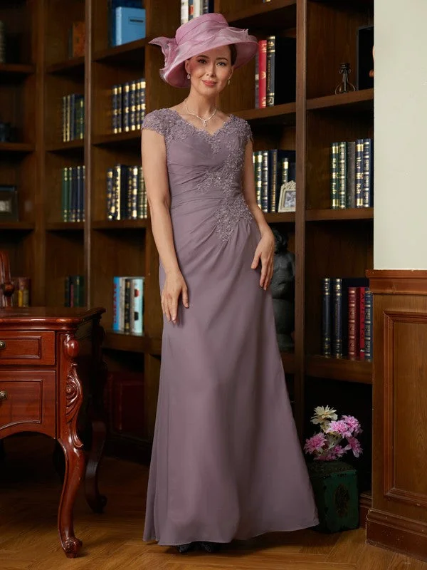 Jaylyn Sheath/Column Chiffon Lace V-neck Short Sleeves Floor-Length Mother of the Bride Dresses STKP0020339