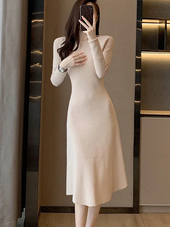 Beige Black Winter Knit Sweater Midi A-line Dress Glossy Satin Silk