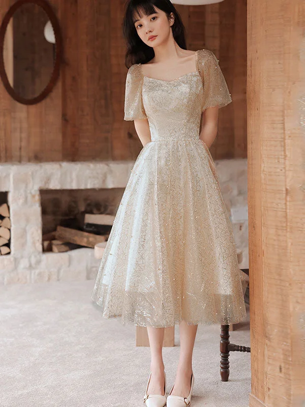 Beaded Bronzing Stripe Fit & Flare Puff Sleeve Dress