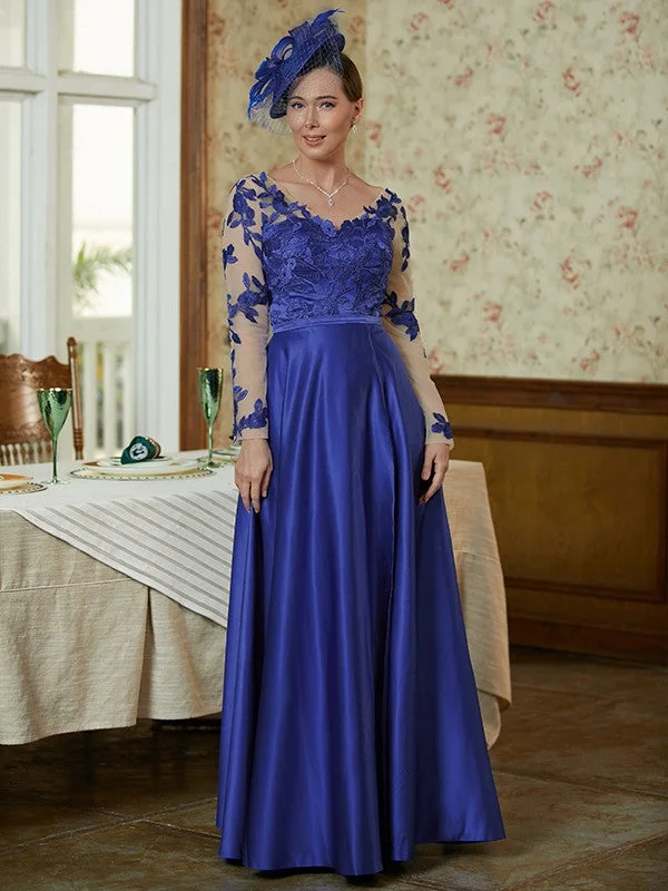 Guadalupe A-Line/Princess Satin Applique V-neck Long Sleeves Floor-Length Mother of the Bride Dresses STKP0020358