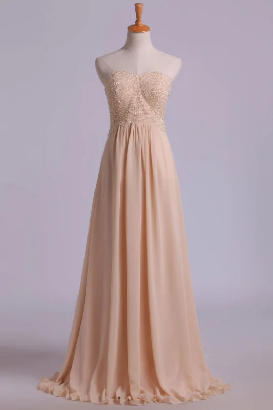 Sweetheart A Line Beaded Bodice Backless Prom Dresses Chiffon