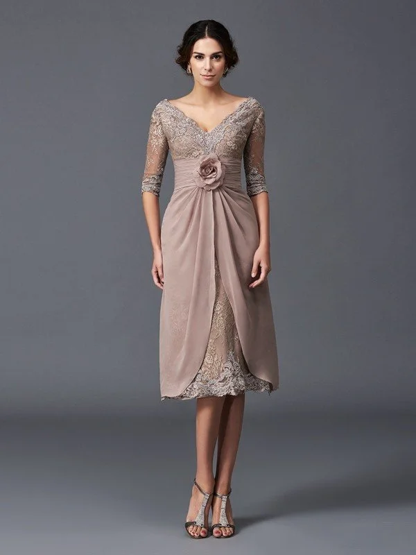 A-Line/Princess V-neck Hand-Made Flower 1/2 Sleeves Short Lace Mother of the Bride Dresses TPP0007039